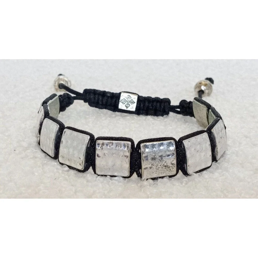 Men's Flat Hammered Silvertone Bead Corded Bracelet 6-10 in Adj